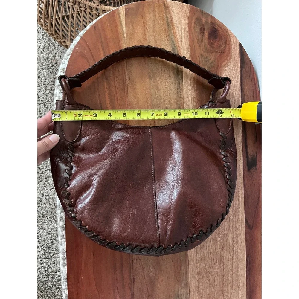 Vintage Mahogany Leather Whipstitch Rose Embossed Hobo Bag Crescent Shoulder Bag